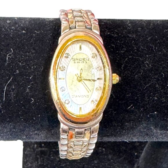 Gruen Swiss Diamond Lady's Wristwatch GSL003 Swiss Movement NEW Battery Gold Ton - Picture 1 of 6